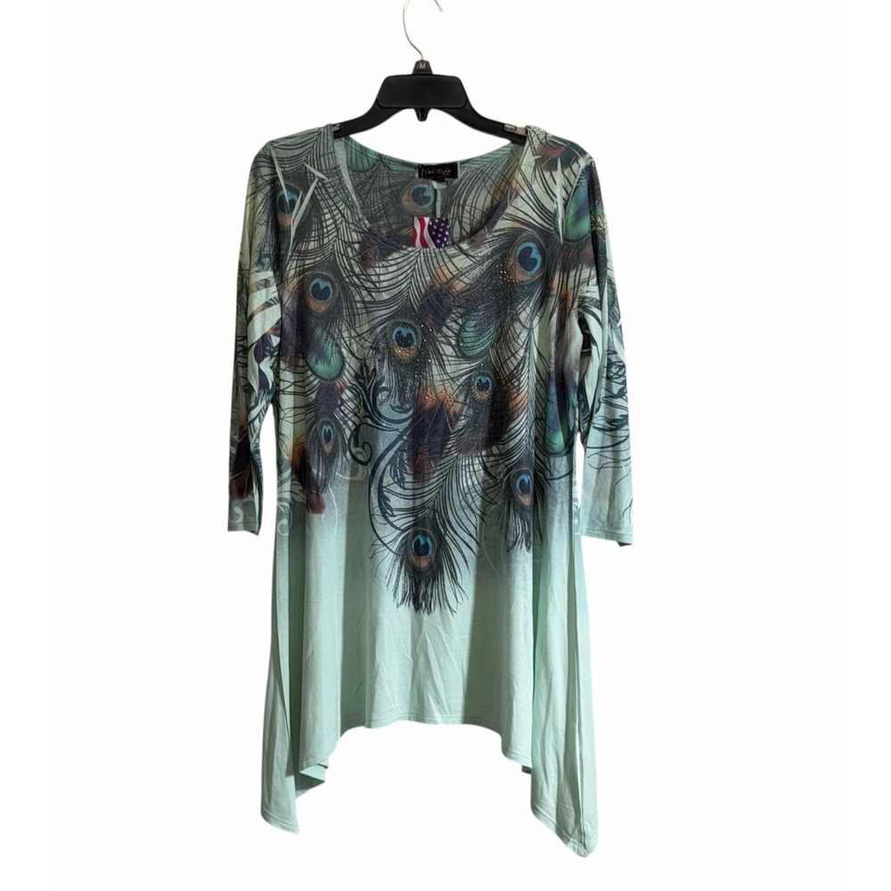 Vtg Cal Style Tunic Top Large Peacock Print Handkerchief Hem Feathers NWT
